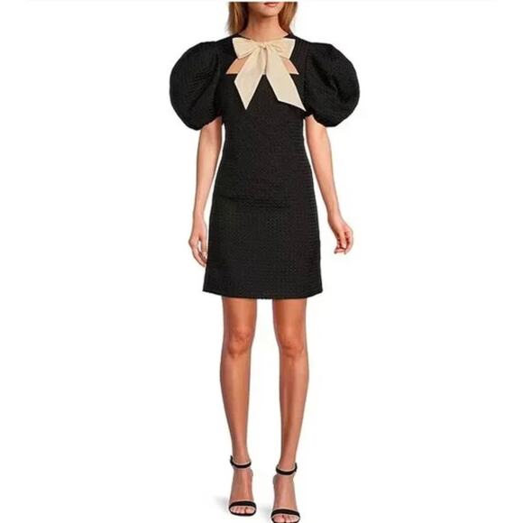 Antonio Melani 4 Black Courtney Grow Savile Short Puff Sleeve Bow Tie Neck Dress - Picture 1 of 9